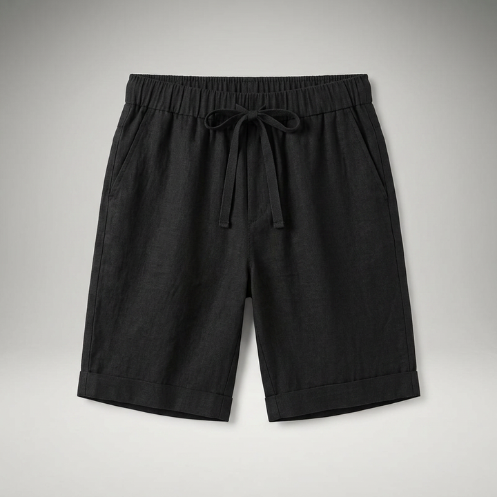 Herren Leinen Shorts Schwarz mit Kordelzug, Flatlay Produktansicht