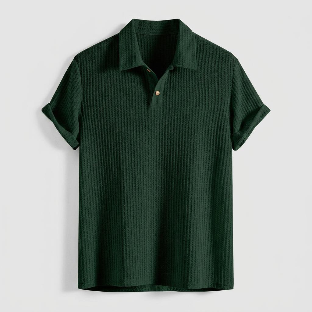 Herren Poloshirt Waffelstrick Dunkelgrün, Flatlay Vorderansicht