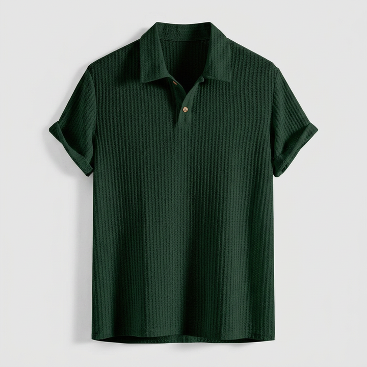 Herren Poloshirt Waffelstrick Dunkelgrün, Flatlay Vorderansicht
