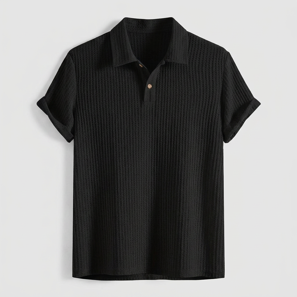 Herren Poloshirt Waffelstrick Schwarz, Flatlay Vorderansicht