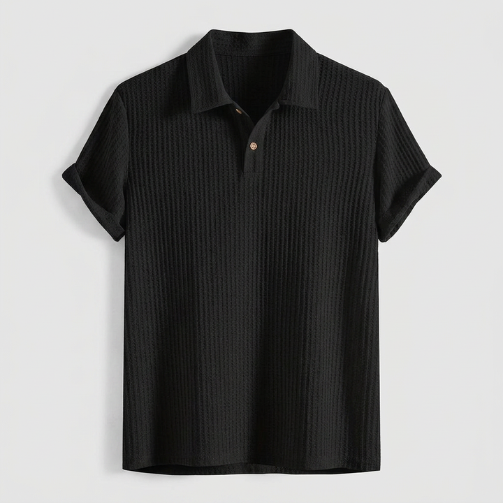 Herren Poloshirt Waffelstrick Schwarz, Flatlay Vorderansicht