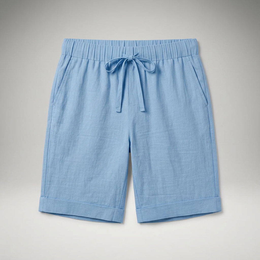 Herren Leinen Shorts Hellblau mit Kordelzug, Flatlay Produktansicht