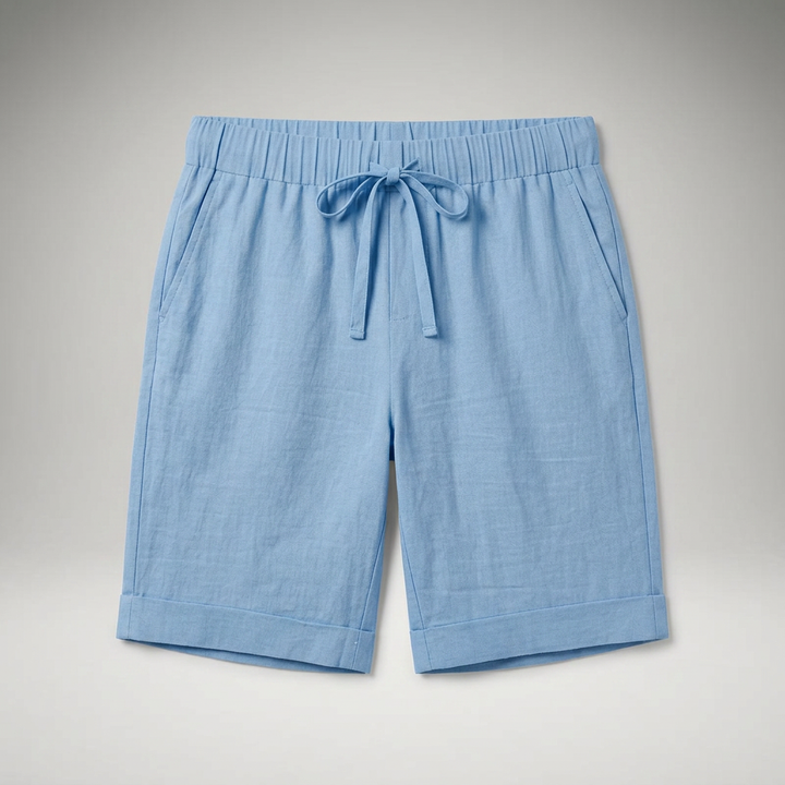 Herren Leinen Shorts Hellblau mit Kordelzug, Flatlay Produktansicht