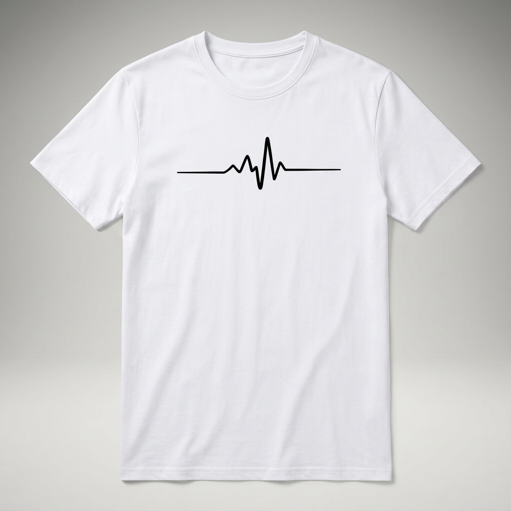 Weißes Herren T-Shirt mit Herzschlag-Print, Flat-Lay Produktfoto