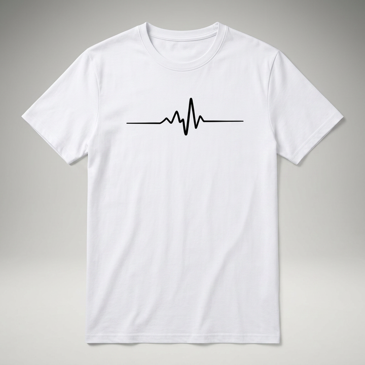 Weißes Herren T-Shirt mit Herzschlag-Print, Flat-Lay Produktfoto