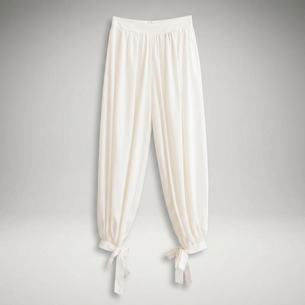 Weite Ballonhose in Creme mit Knotenschleifen am Saum, Produktansicht