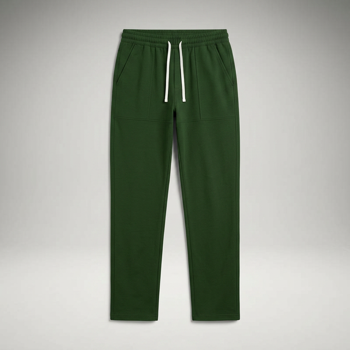 Freizeithose Herren dunkelgrün, Flatlay Frontalansicht ohne Model
