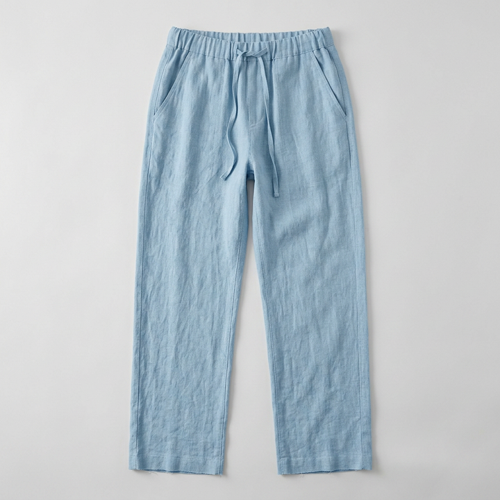 Herren Leinenhose Hellblau mit Kordelzug, Flatlay von vorne