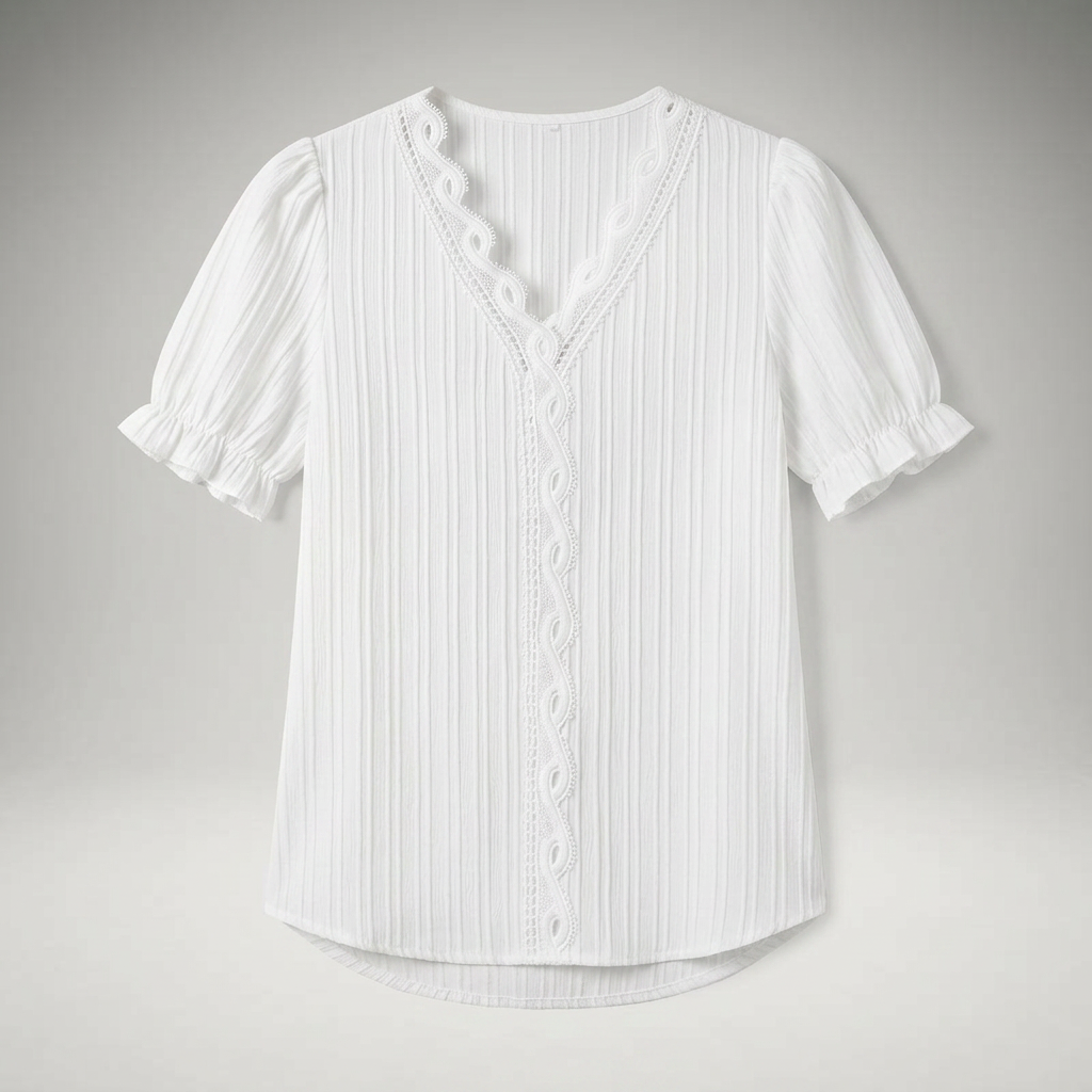 Weiße Sommerbluse mit Spitzenborte, Flat-Lay Vorderansicht