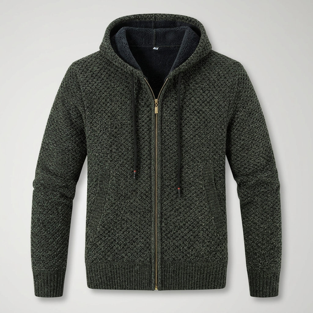 Herren Strickjacke mit Kapuze in Olivgrün, Flat-Lay Frontalansicht