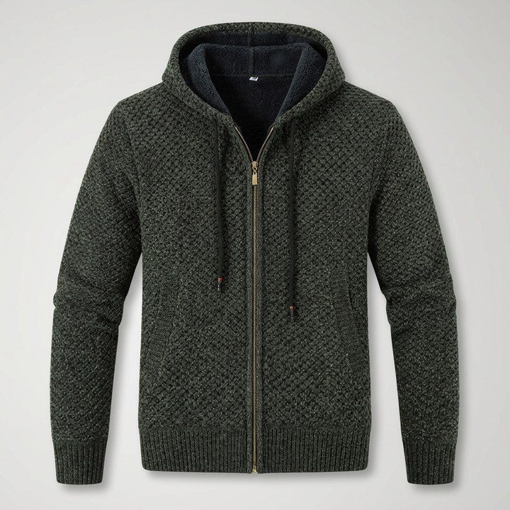 Herren Strickjacke mit Kapuze in Olivgrün, Flat-Lay Frontalansicht