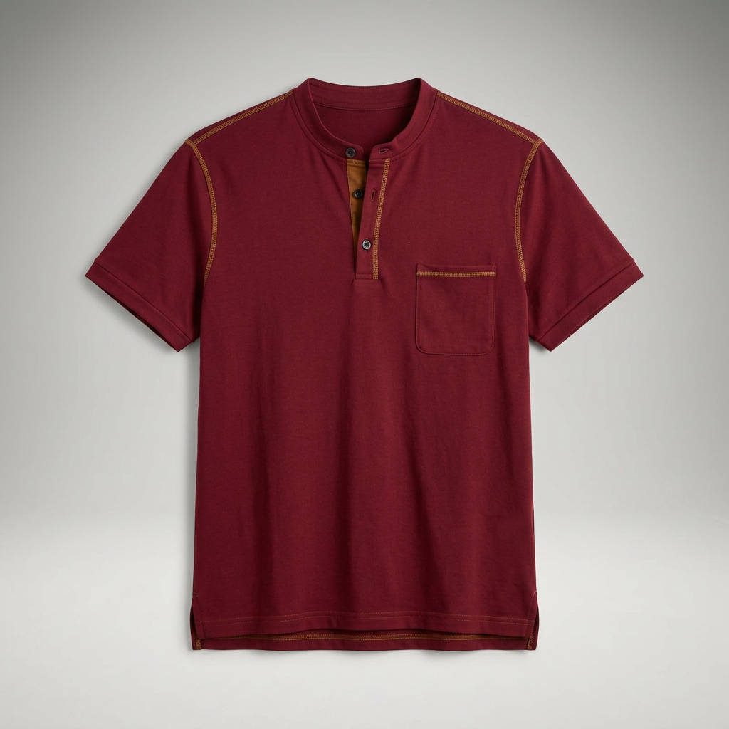 Poloshirt Bordeaux mit Henry-Kragen und Brusttasche, Flachansicht
