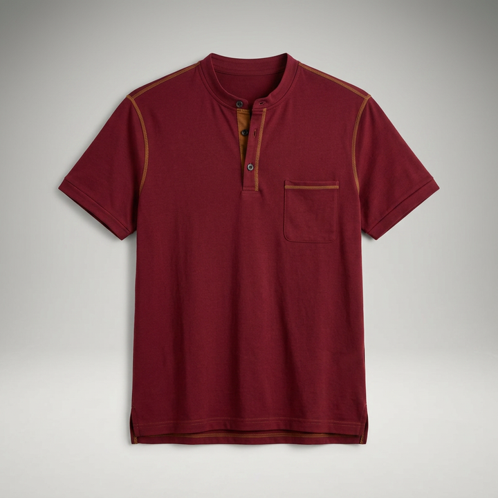 Poloshirt Bordeaux mit Henry-Kragen und Brusttasche, Flachansicht