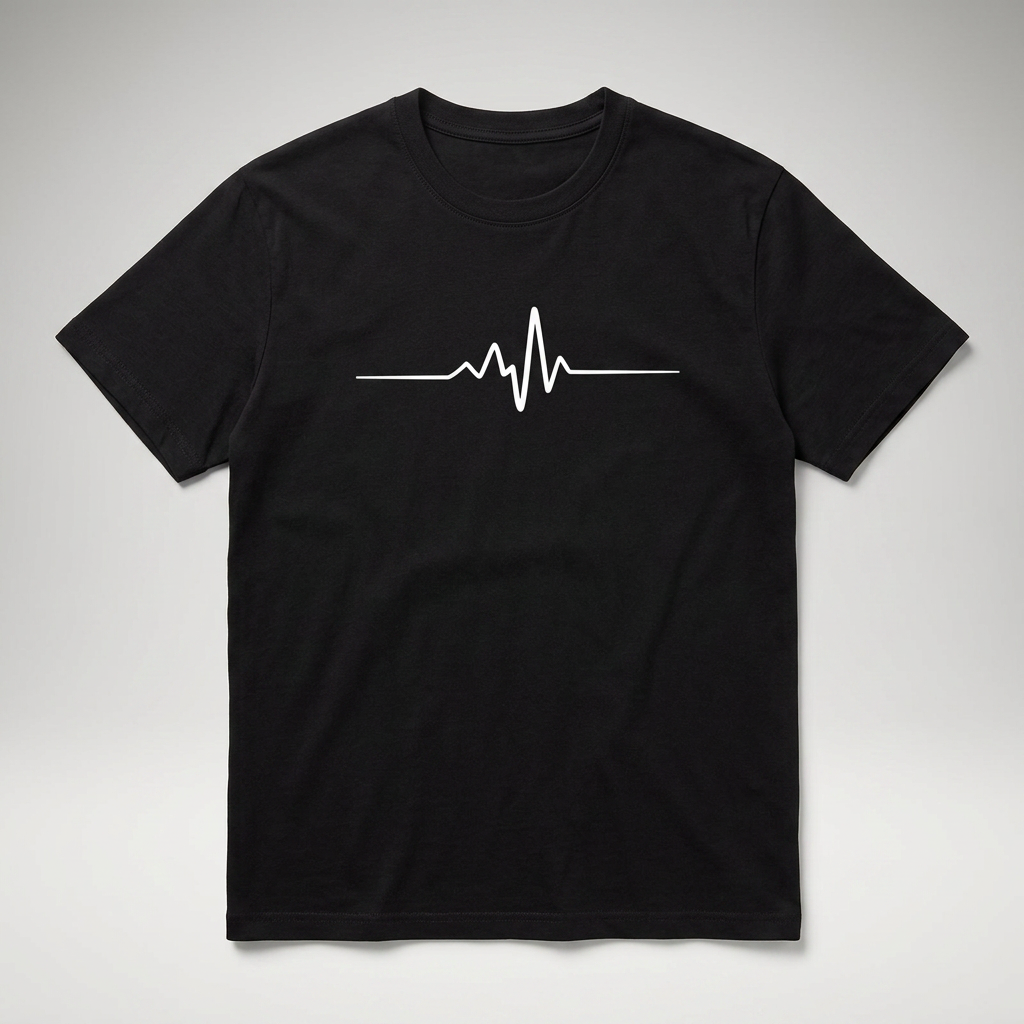 Schwarzes Herren T-Shirt mit Herzschlag-Print, Flat-Lay Produktfoto