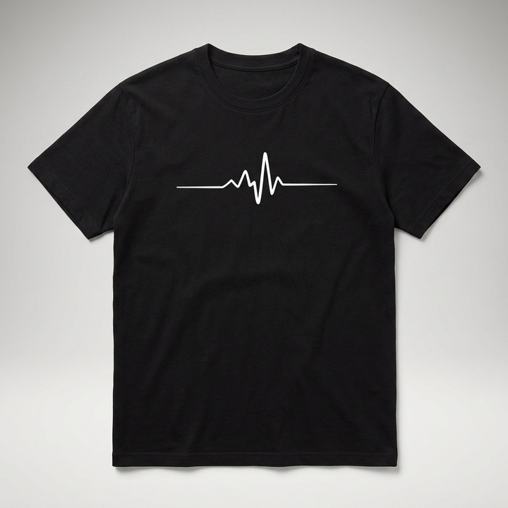 Schwarzes Herren T-Shirt mit Herzschlag-Print, Flat-Lay Produktfoto