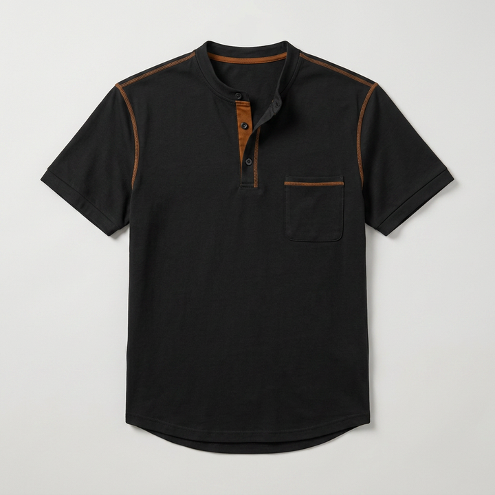 Poloshirt Schwarz mit Henry-Kragen und Brusttasche, Flachansicht