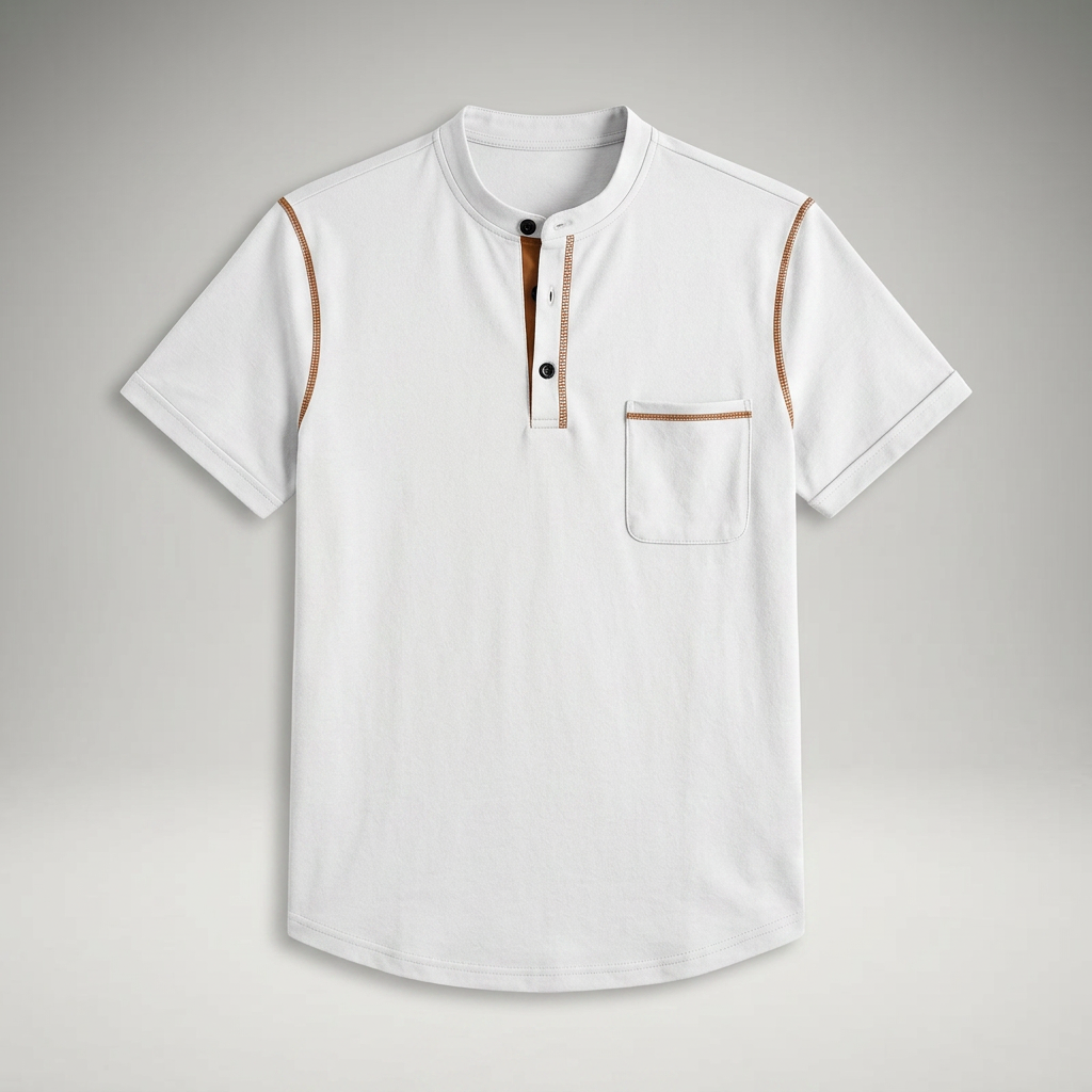 Poloshirt Weiß mit Henry-Kragen und Brusttasche, Flachansicht
