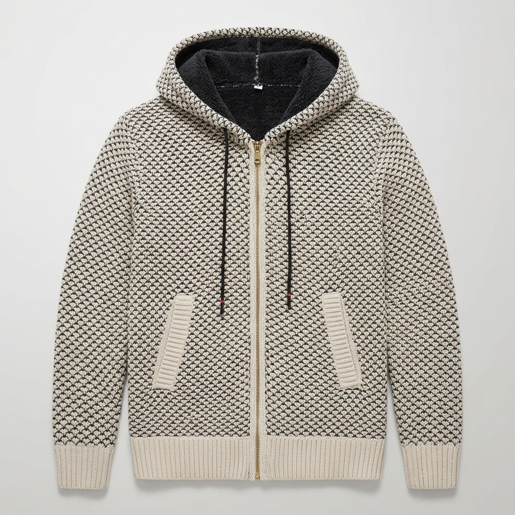 Herren Strickjacke mit Kapuze in Beige, Flat-Lay Frontalansicht