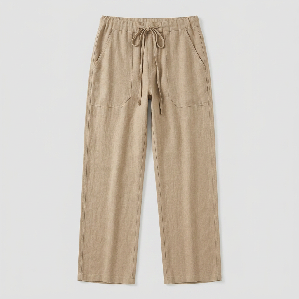 Herren Leinenhose Beige mit Kordelzug und Eingrifftaschen, Flatlay
