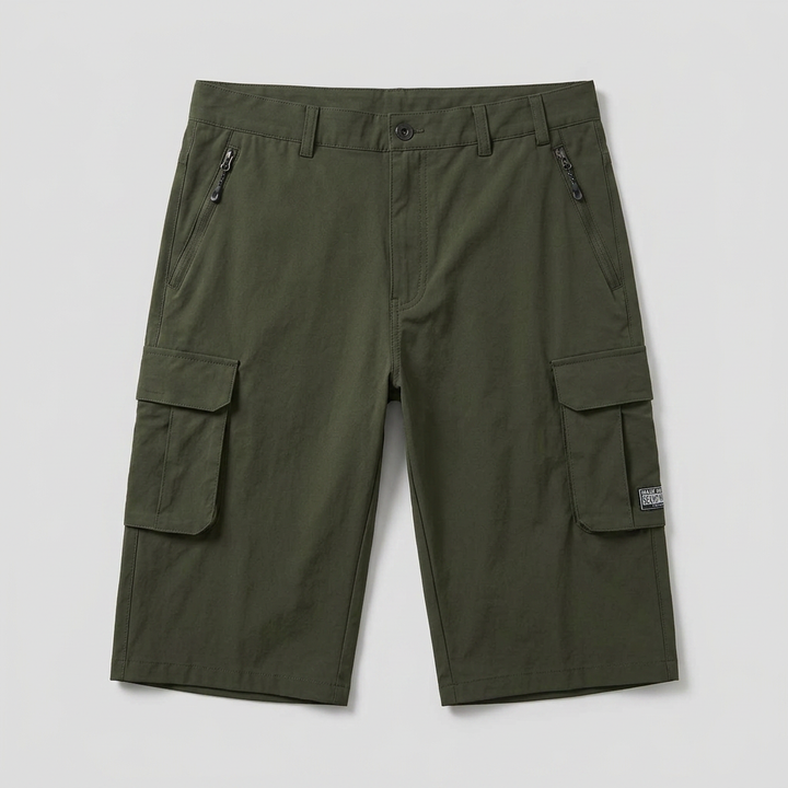 Cargo Shorts Herren Dunkelgrün, Flatlay mit Seitentaschen