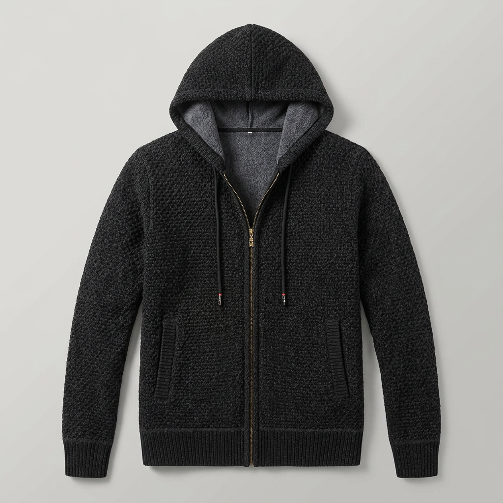 Herren Strickjacke mit Kapuze in Schwarz, Flat-Lay Frontalansicht