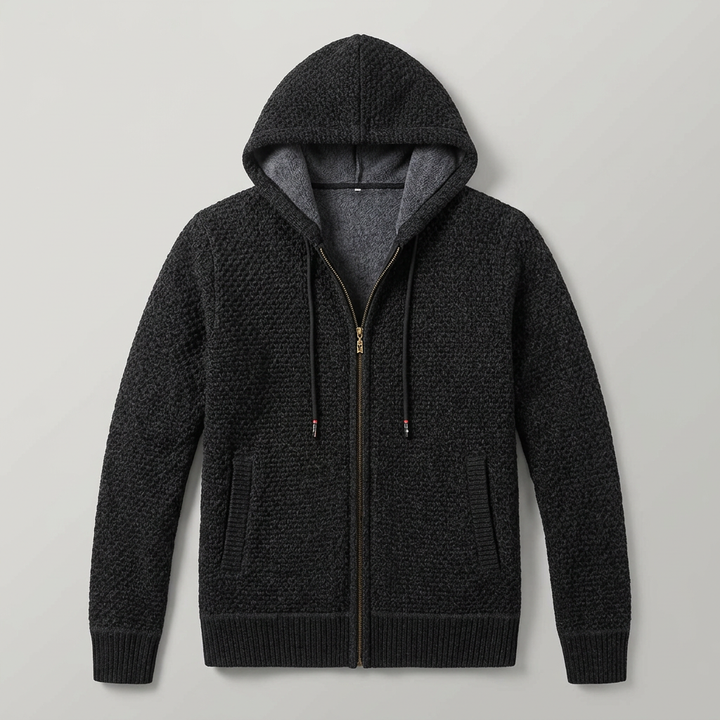 Herren Strickjacke mit Kapuze in Schwarz, Flat-Lay Frontalansicht