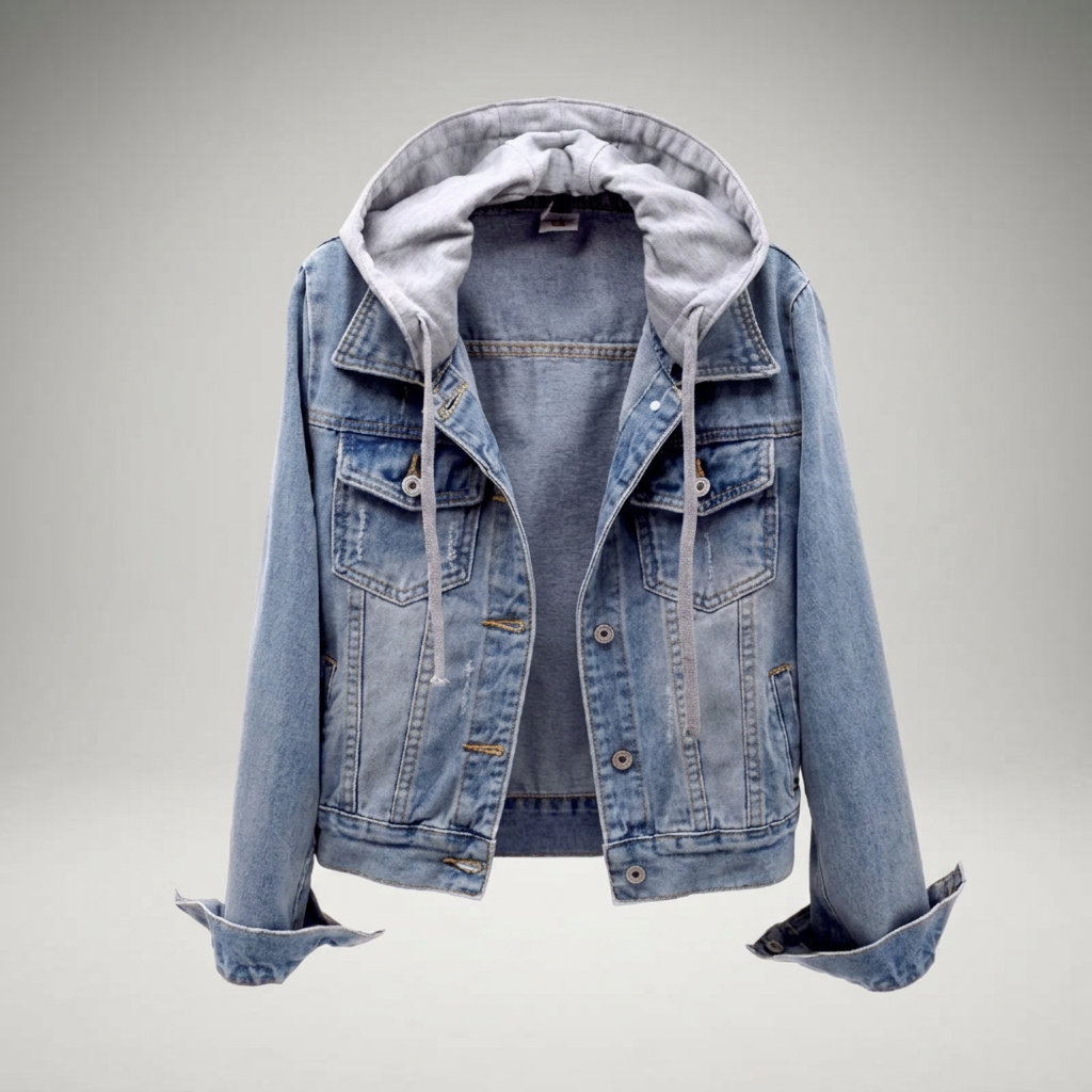 Hellblaue Jeansjacke mit Kapuze, Flatlay geöffnet