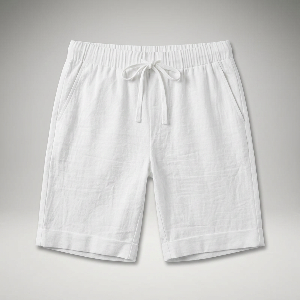 Herren Leinen Shorts Weiß mit Kordelzug, Flatlay Produktansicht