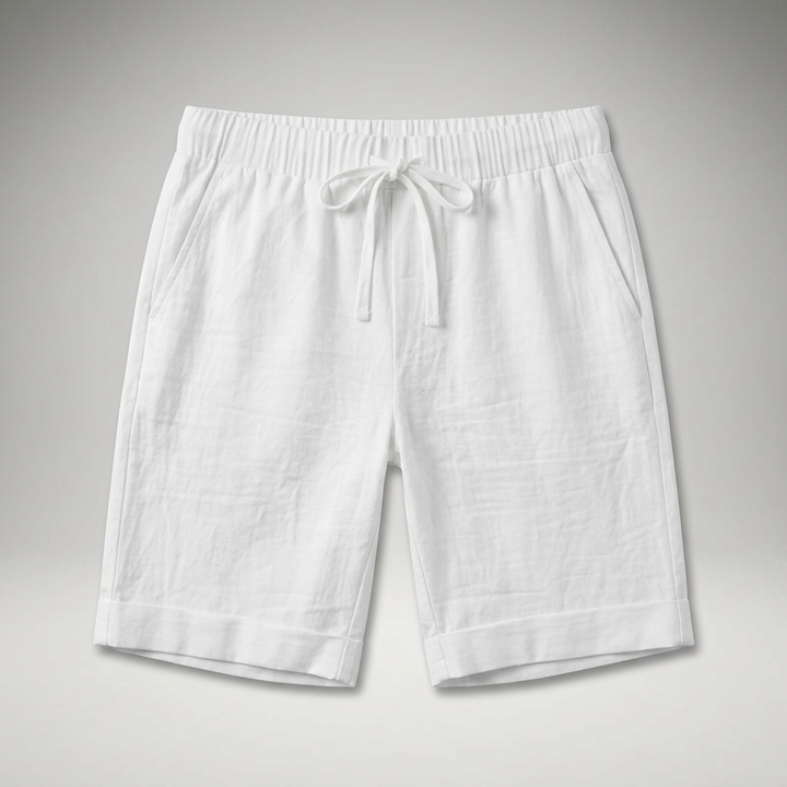 Herren Leinen Shorts Weiß mit Kordelzug, Flatlay Produktansicht