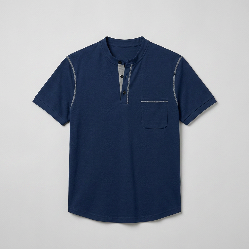 Poloshirt Dunkelblau mit Henry-Kragen und Brusttasche, Flachansicht