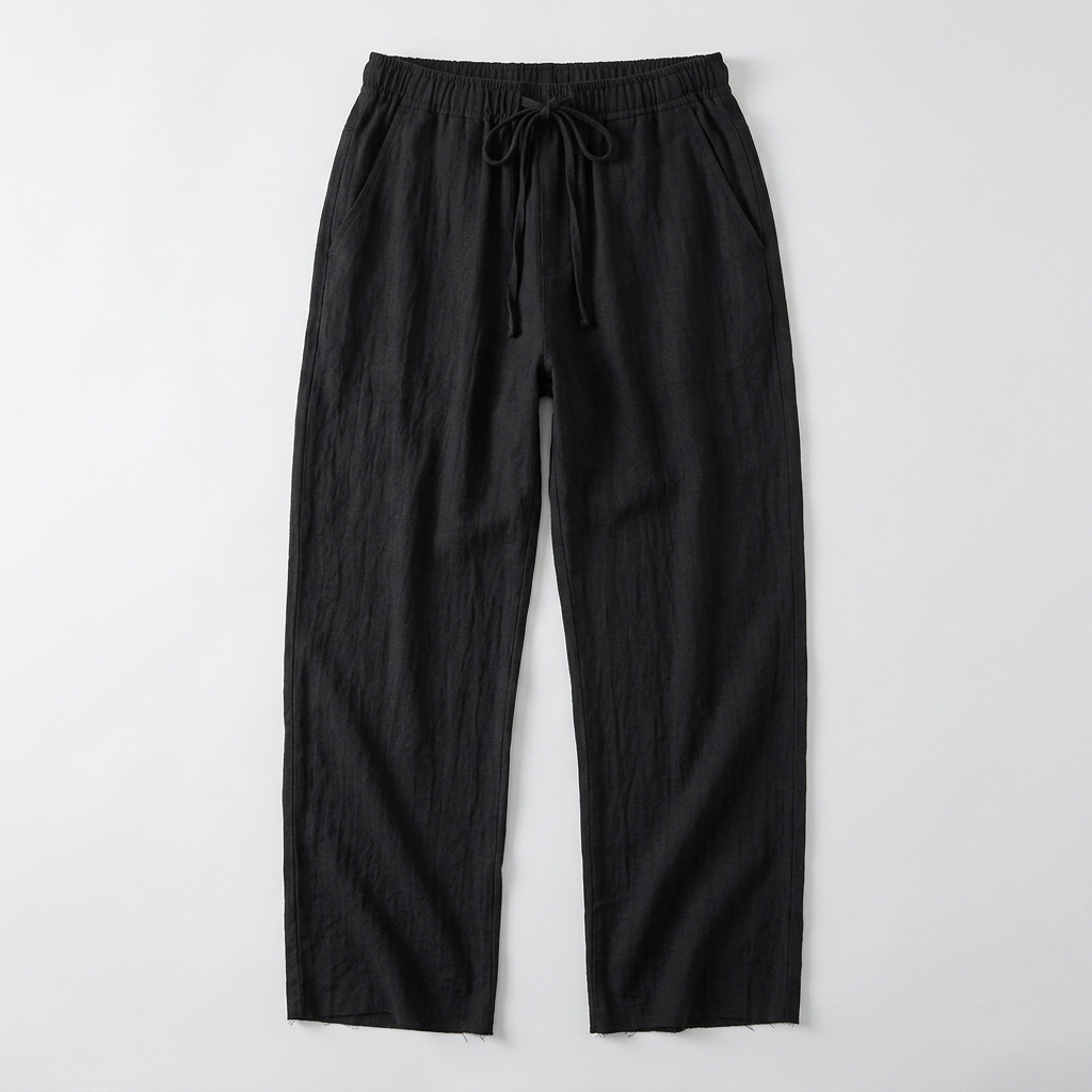 Herren Leinenhose Schwarz mit Kordelzug, Flatlay von vorne