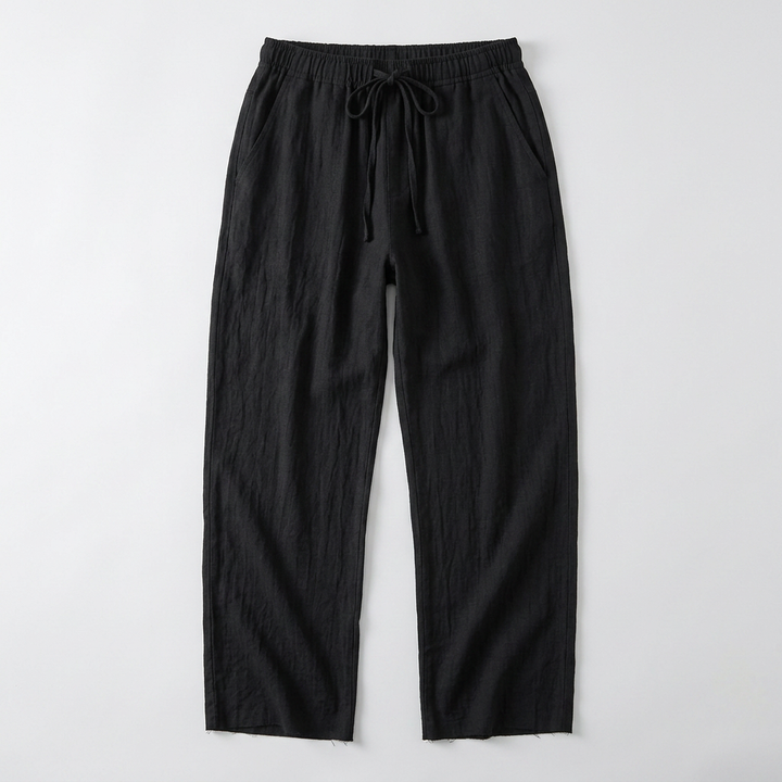 Herren Leinenhose Schwarz mit Kordelzug, Flatlay von vorne