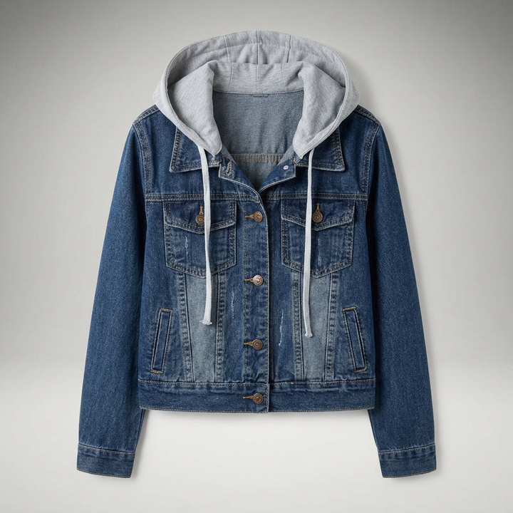 Dunkelblaue Jeansjacke mit Kapuze, Flatlay-Ansicht