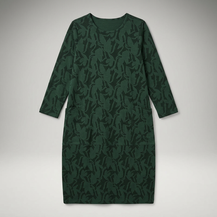 Grünes Midikleid mit Rundhals und Taschen, Flatlay-Ansicht