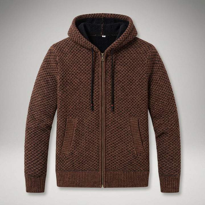 Herren Strickjacke mit Kapuze in Braun, Flat-Lay Frontalansicht