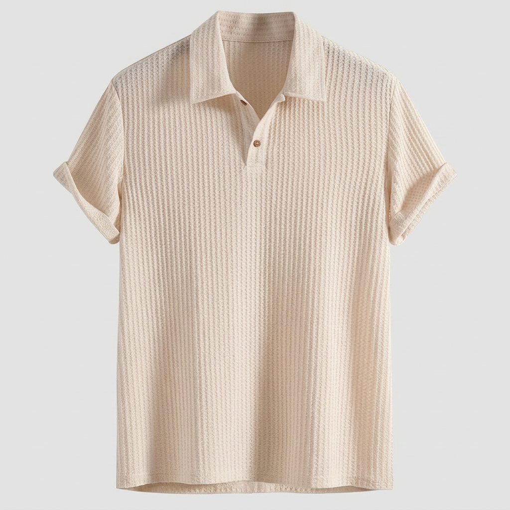 Herren Poloshirt Waffelstrick Creme, Flatlay Vorderansicht