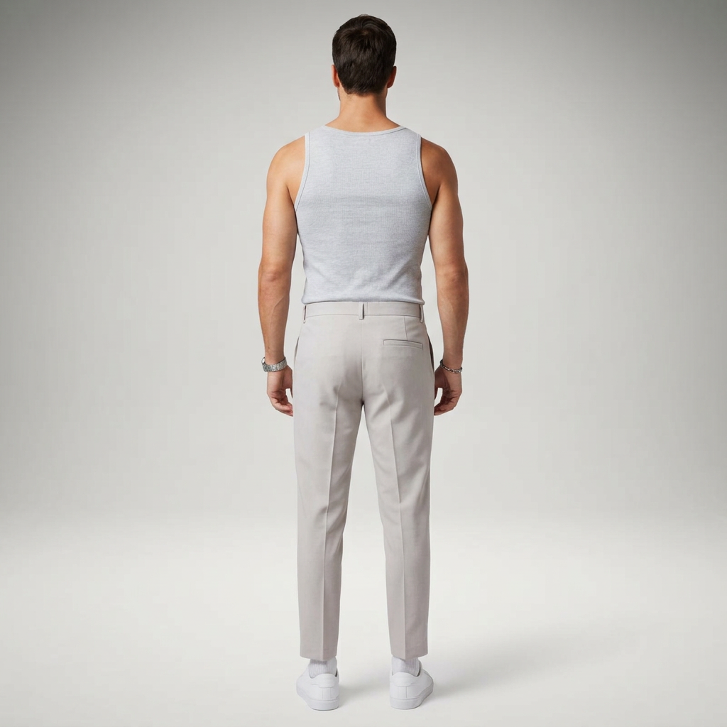Hellgraue Chinohose mit Gesäßtasche, Rückansicht am Model