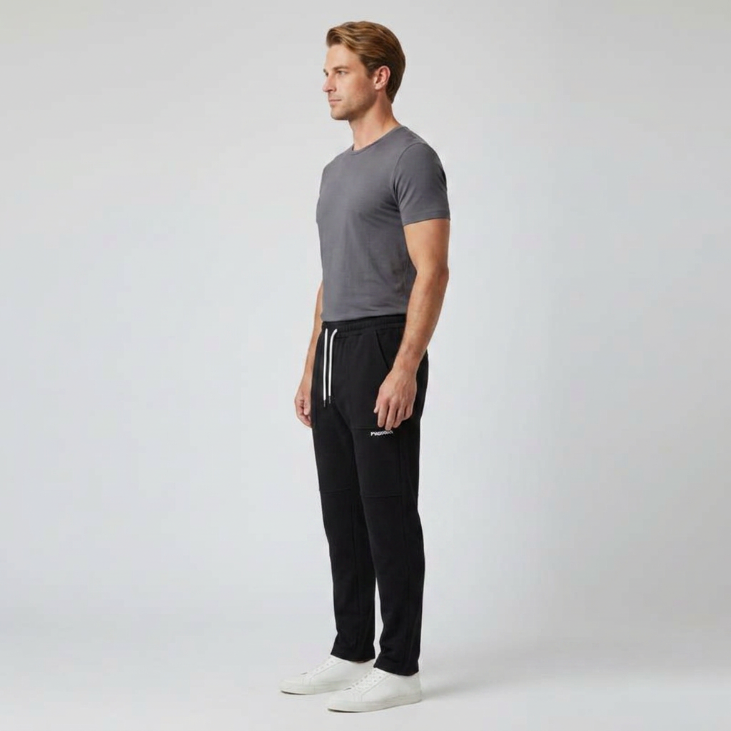 Freizeithose Herren schwarz, Seitenansicht schmal zulaufendes Bein