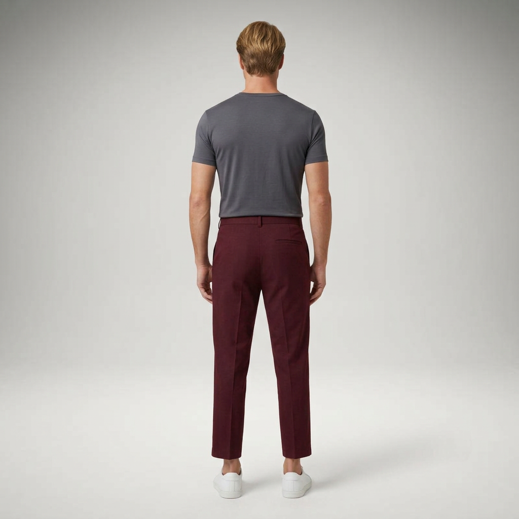 Bordeauxrote Chinohose mit Gesäßtasche, Rückansicht am Model