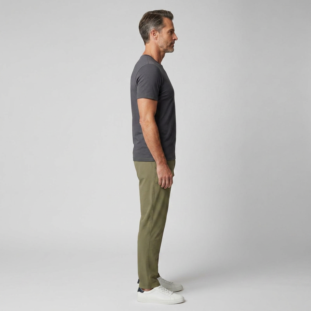 Freizeithose Herren olivgrün, Seitenansicht schmal zulaufendes Bein