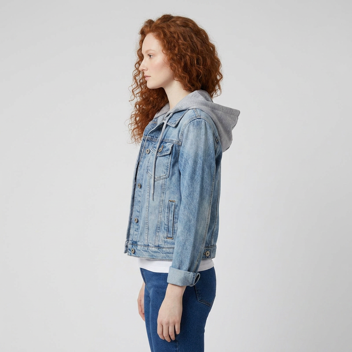 Hellblaue Jeansjacke mit Kapuze, Seitenansicht am Model