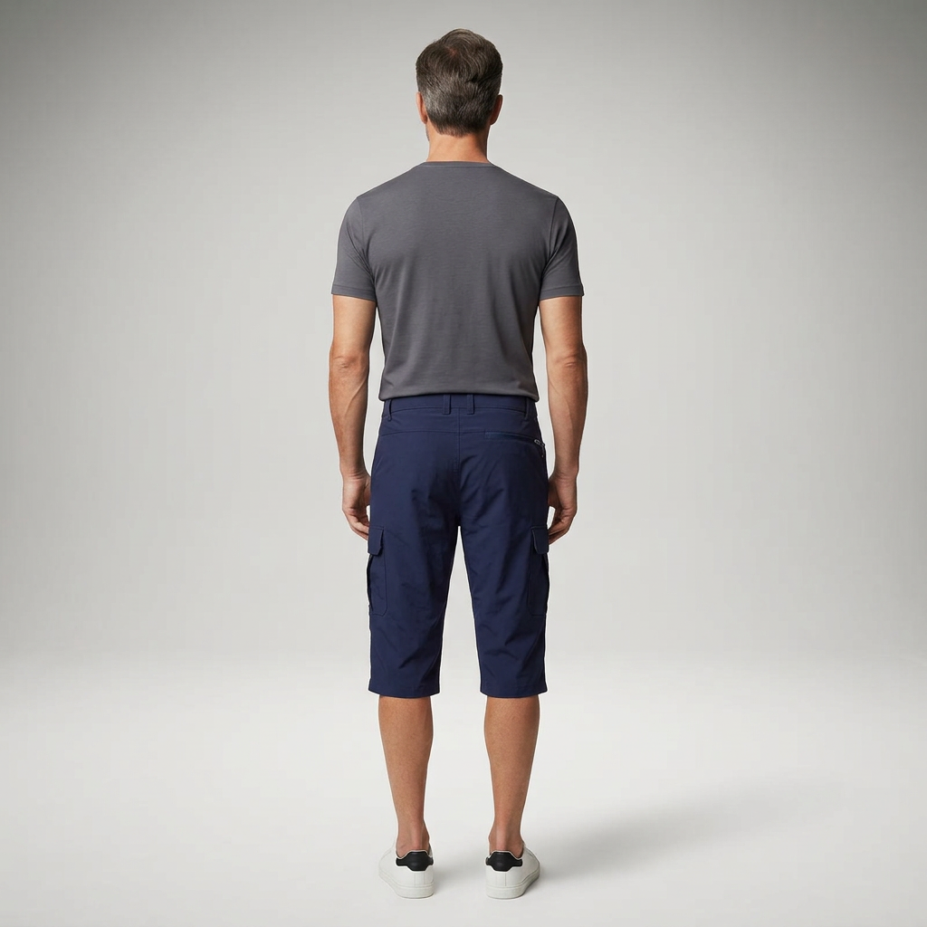 Cargo Shorts Herren Dunkelblau, Rückenansicht am Model