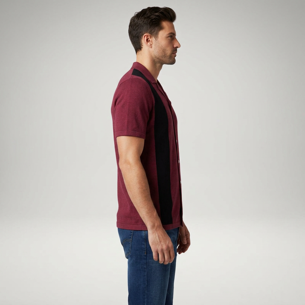 Herren Strick-Poloshirt Weinrot mit Streifen, Seitenansicht