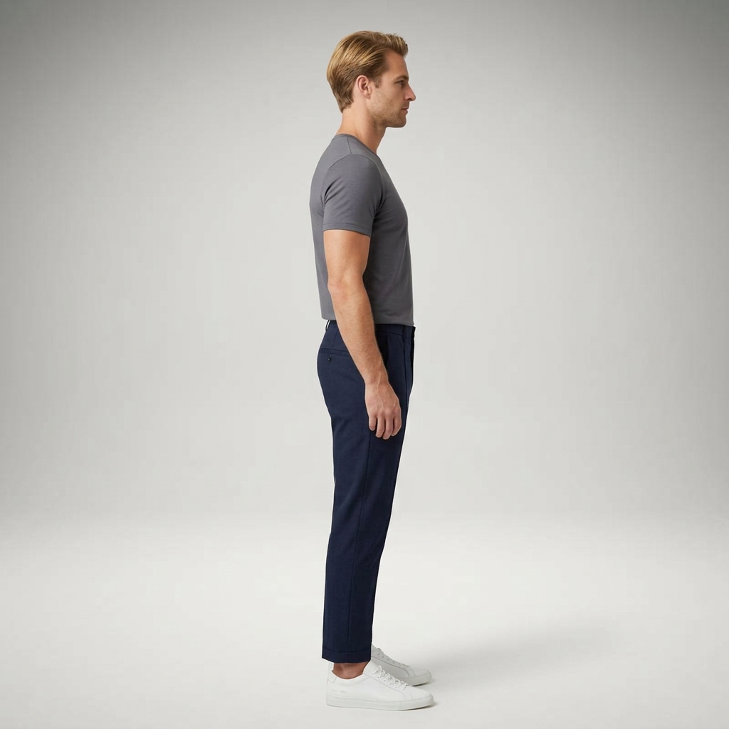 Dunkelblaue Chinohose, schmale Passform, Seitenansicht am Model