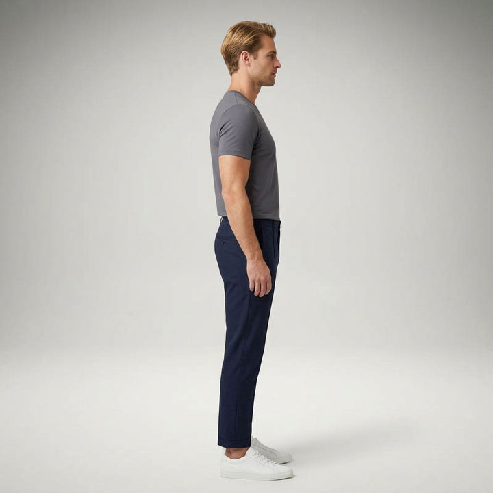 Dunkelblaue Chinohose, schmale Passform, Seitenansicht am Model
