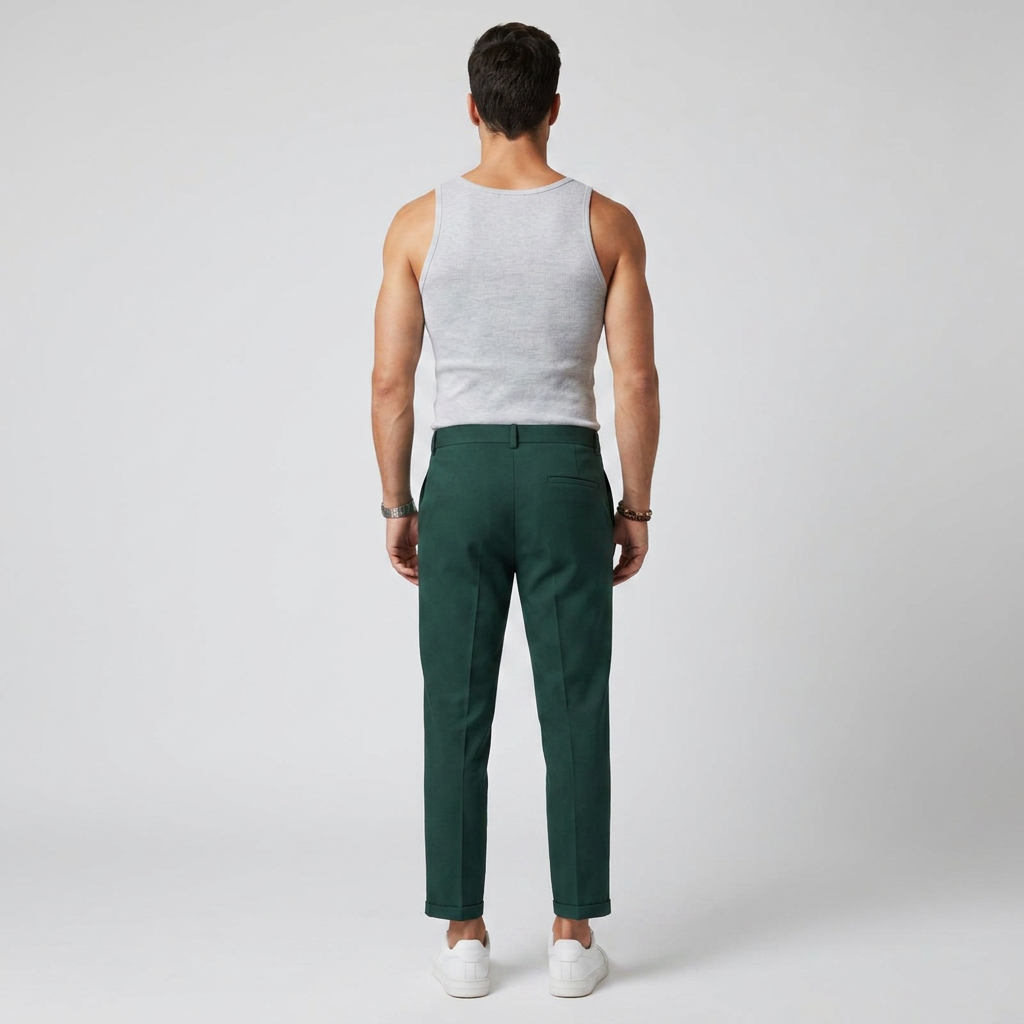 Dunkelgrüne Chinohose mit Umschlagsaum, Rückansicht am Model
