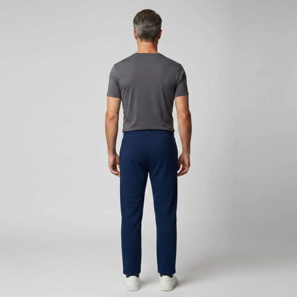 Freizeithose Herren dunkelblau, Rückenansicht mit geradem Beinabschluss