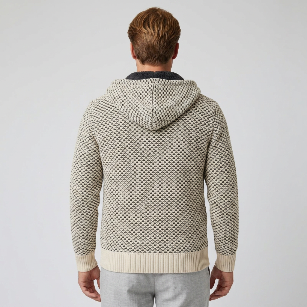 Herren Strickjacke mit Kapuze in Beige, Rückenansicht