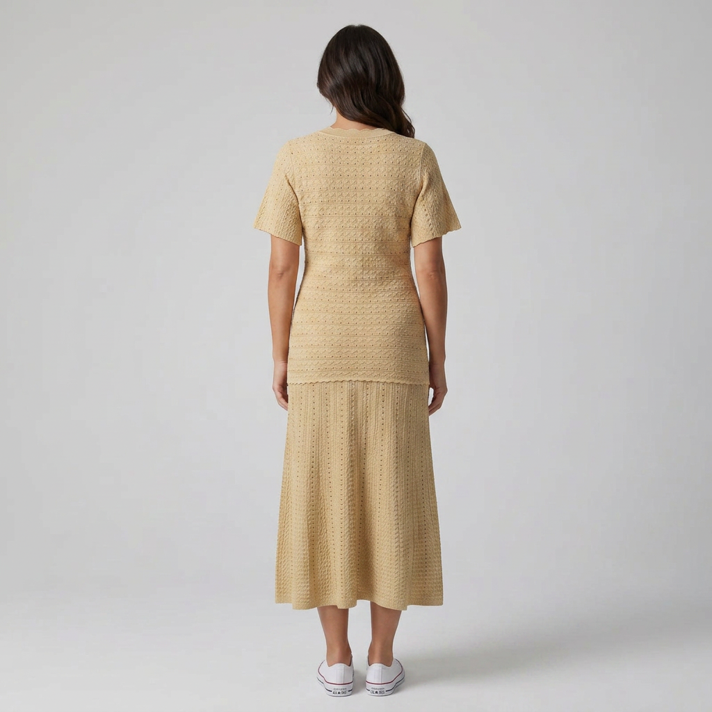 Beiges Strickkleid mit ausgestelltem Rock, Rückenansicht am Model