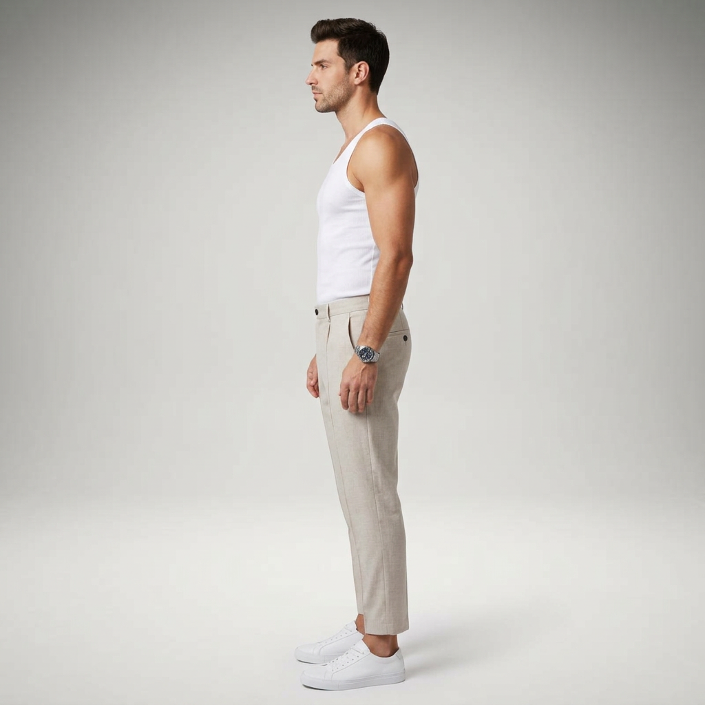 Hellgraue Chinohose in Tapered-Fit, Seitenansicht am Model
